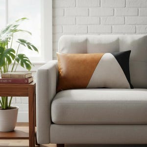 Modern Living Room Pillow - Camel Faux Leather & Black Fabric - Color Block Sofa Pillow Cover
