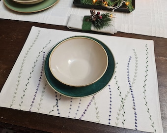 Embroidered Lavender Placemat: Raw Cotton Table Decor