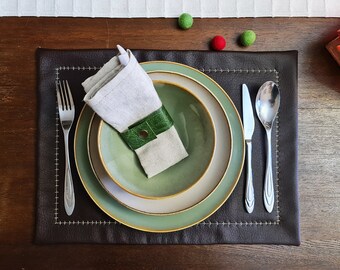Green-dark brown faux leather Christmas style placemat -double layer  placemats  - Embroidered table decor