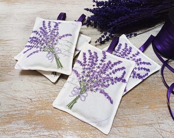 Lavender Sachets Set of 4- Toile Fabric, Purple Ribbon, Handmade