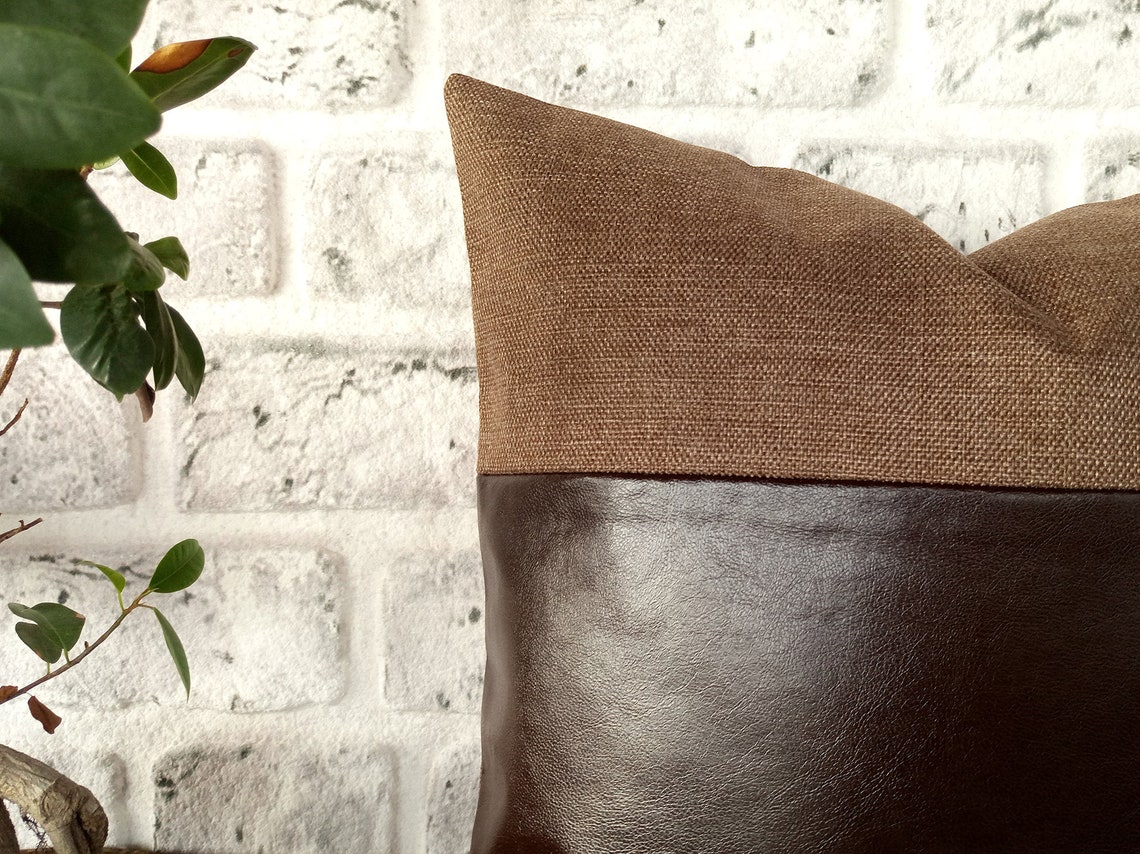 Dark Brown Faux Leather and Brown Color Fabric Pillow Etsy