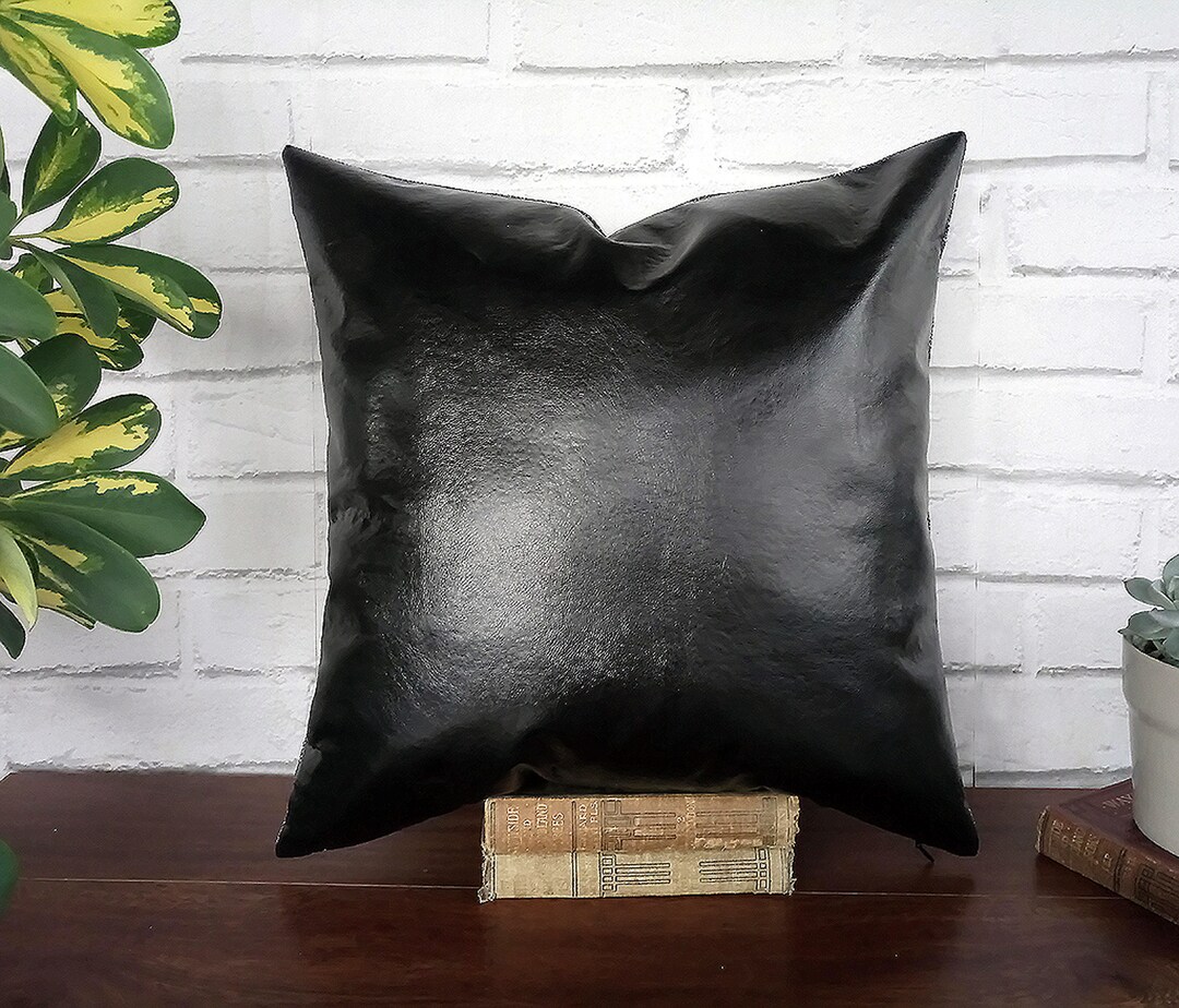 Black Faux Leather Fabric Pillow Coverblackgray Linen Look Etsy