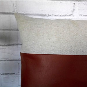 Cognac brown faux leather and beige cotton-linen pillow cover/faux leather pillow cover/Housewarming Gift/Colorful Homes-1pcs image 3