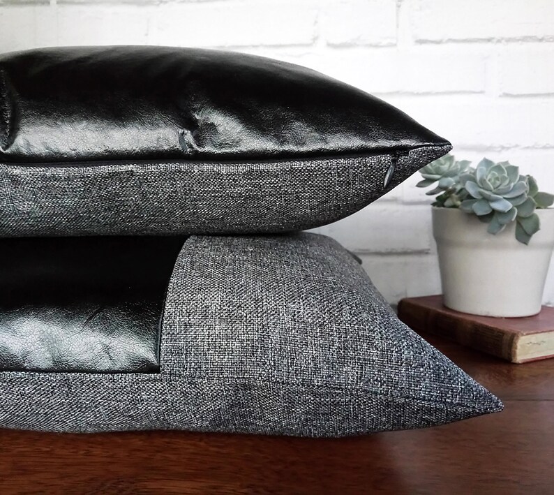 Black faux leather and gray-black color fabric pillow cover/faux leather pillow cover/Housewarming Gift/Colorful Homes/Modern Houses-1pcs image 6