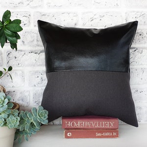 Black charcoal faux leather and anthracite poly-linen fabric pillow cover/faux leather pillow cover/Colorful Homes/Modern Houses-1pcs image 3