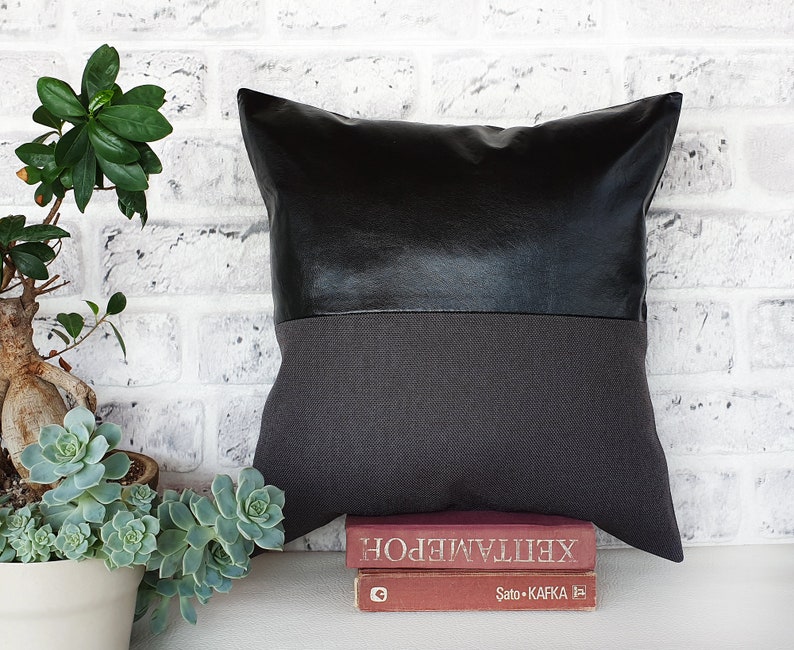 Black charcoal faux leather and anthracite poly-linen fabric pillow cover/faux leather pillow cover/Colorful Homes/Modern Houses-1pcs image 3