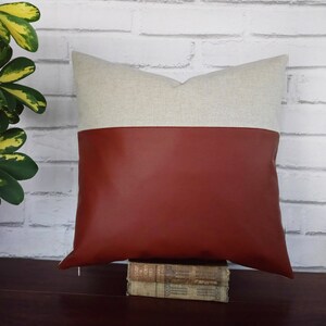 Cognac brown faux leather and beige cotton-linen pillow cover/faux leather pillow cover/Housewarming Gift/Colorful Homes-1pcs image 4