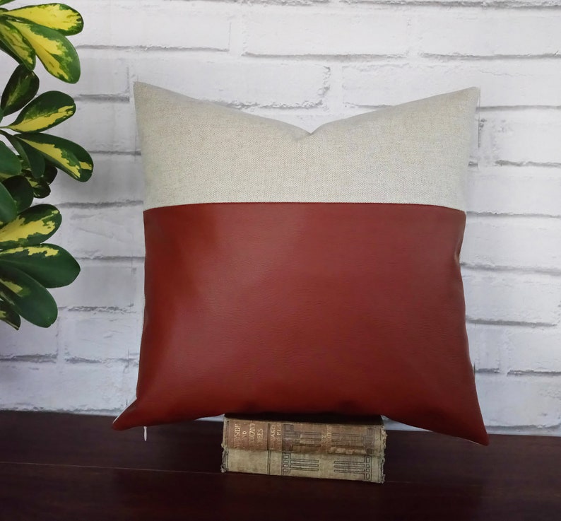 Cognac brown faux leather and beige cotton-linen pillow cover/faux leather pillow cover/Housewarming Gift/Colorful Homes-1pcs image 4