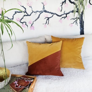 Diagonal design two colors velvet fabric pillow cover-terracotta and yellow colors/scandinavian home decor/housewarming gift-1qty