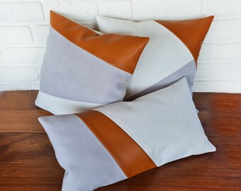 Burnt Orange Vegan Leather Pillow Cover Set: Gray Suede & White Cotton