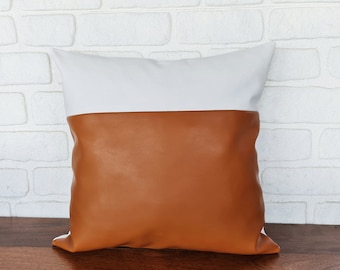 Burnt Orange Faux Leather Pillow Cover: White Cotton Back