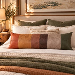 May include: A long rectangular lumbar pillow featuring a color-blocked design with vertical panels in shades of burnt orange, mustard yellow, terracotta, dark brown, beige, and olive green, all with a textured, faux-leather appearance.