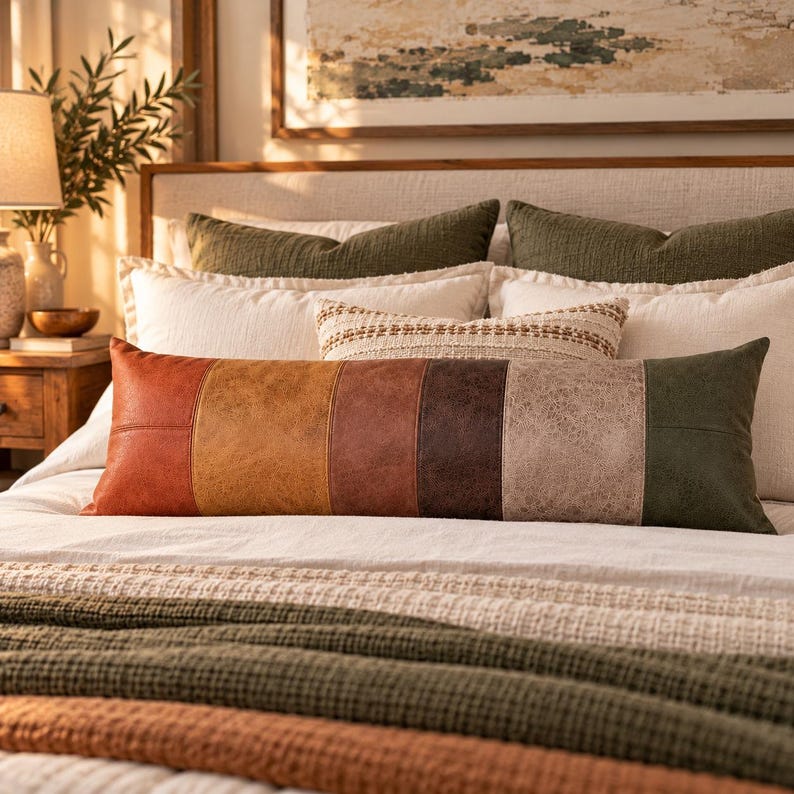 May include: A long rectangular lumbar pillow featuring a color-blocked design with vertical panels in shades of burnt orange, mustard yellow, terracotta, dark brown, beige, and olive green, all with a textured, faux-leather appearance.