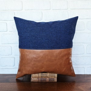 Half cognac faux leather and half denim look blue fabric pillow cover/color block faux leather pillow cover/Housewarming Gift-1qty image 2