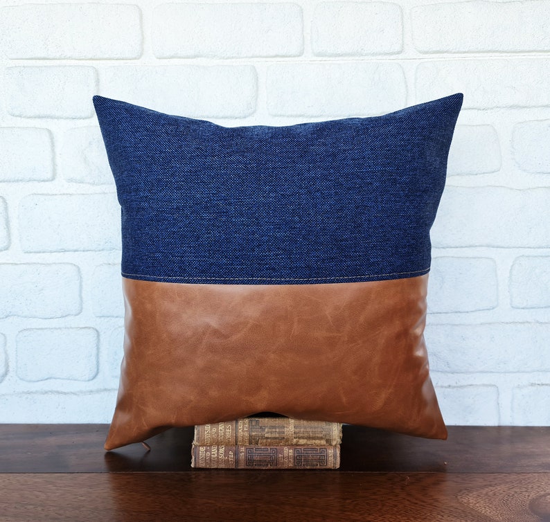 Half cognac faux leather and half denim look blue fabric pillow cover/color block faux leather pillow cover/Housewarming Gift-1qty image 2