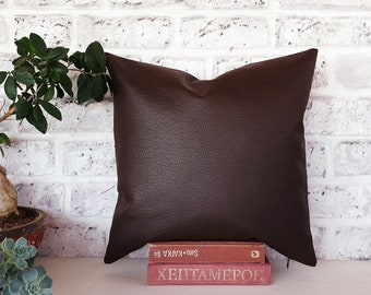 Dark Brown Faux Leather Pillow Cover: Modern Home Decor (15x15'')