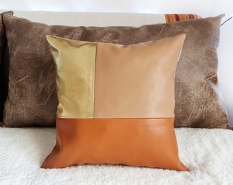 Cinnamon color faux leather ,soft gold  and tan color faux leather pillow cover,faux leather pillow -1qty