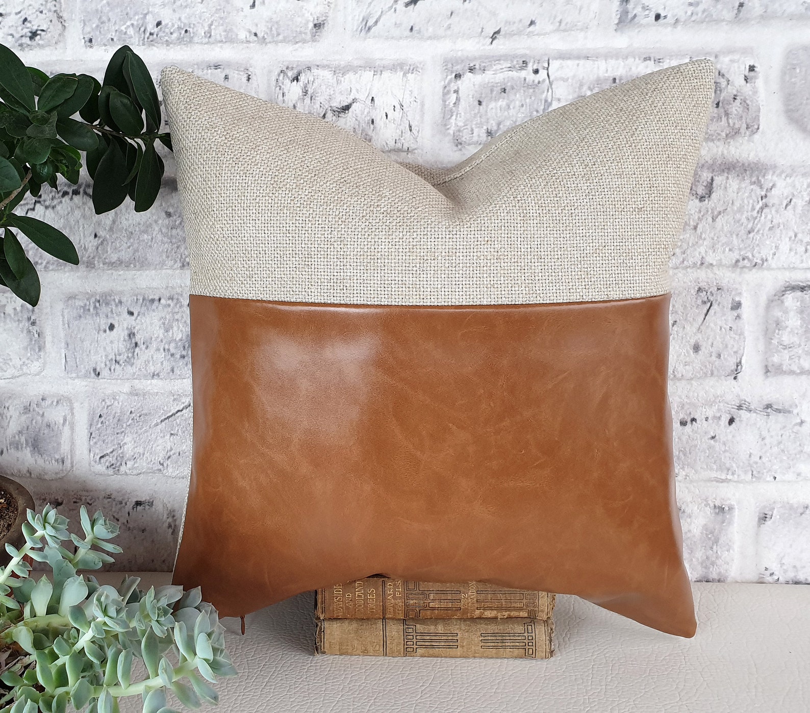 Thick camel faux leather and thick natural linen pillow cover Etsy