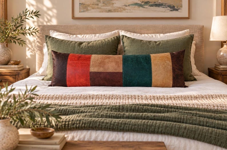 May include: A rectangular lumbar cushion featuring a patchwork design of leather-like panels in dark brown, bright red, tan, and deep teal. The cushion is positioned horizontally on a bed in front of two solid olive green rectangular cushions.