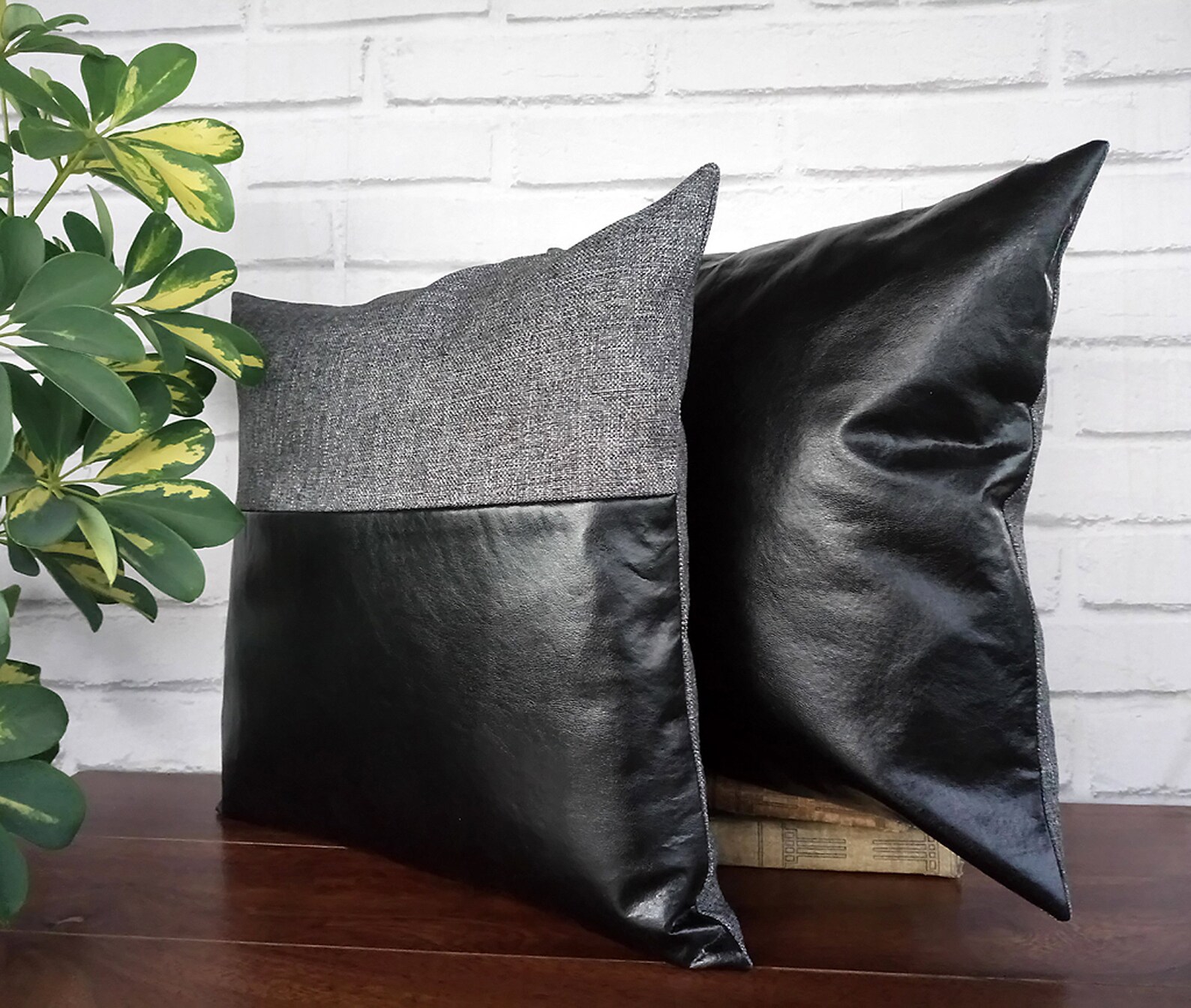 Black Faux Leather Fabric Pillow Coverblackgray Linen Look Etsy
