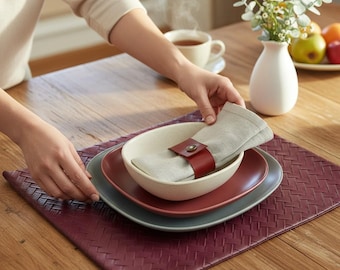 Plum Wicker Faux Leather Placemat - Double Layer Modern Table Decor