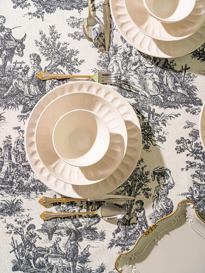 Dish Pattern Toile French Country Toile De Jouy Tablecloth, Rustic Farmhouse Dining Table ...