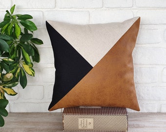 Zen camel-black-beige color triangle diagonal design distressed leather look fabric pillow cover/housewarming gift-1pcs