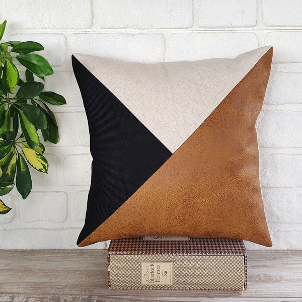 Zen camel-black-beige color triangle diagonal design distressed leather look fabric pillow cover/housewarming gift-1pcs