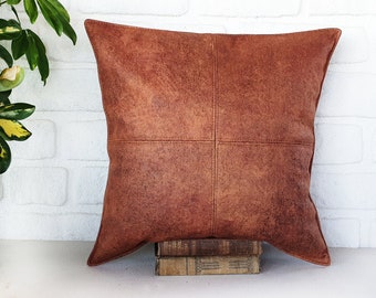 Monica terracotta color piecewise square leather look fabric pillow cover/Lumbar pillow cover- decorative stitches/scandinavian homes-1QTY
