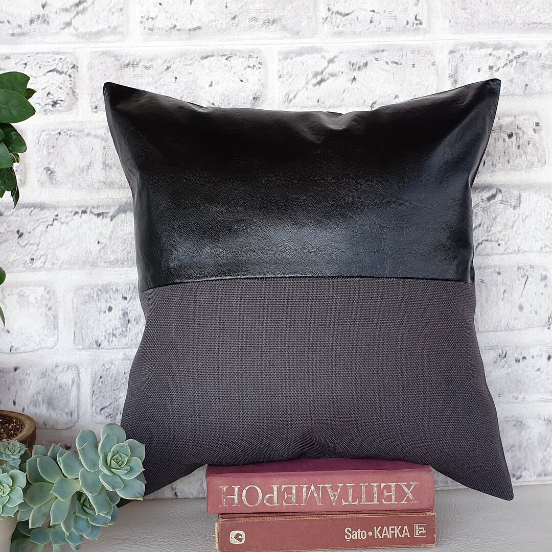 Black Charcoal Faux Leather and Anthracite Poly-linen Fabric Pillow Cover/faux Leather Pillow ...