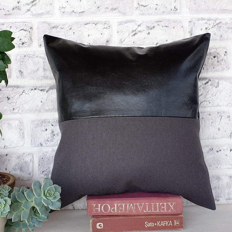 Black charcoal faux leather and anthracite poly-linen fabric pillow cover/faux leather pillow cover/Colorful Homes/Modern Houses-1pcs image 1