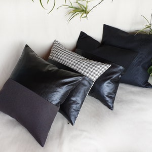 Black charcoal faux leather and anthracite poly-linen fabric pillow cover/faux leather pillow cover/Colorful Homes/Modern Houses-1pcs image 6