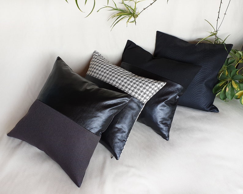 Black charcoal faux leather and anthracite poly-linen fabric pillow cover/faux leather pillow cover/Colorful Homes/Modern Houses-1pcs image 6