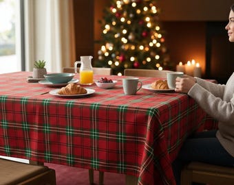 赤と緑のチェック柄クリスマステーブルクロス、ホリデーファームハウステーブルカバー、チェック柄とパイン