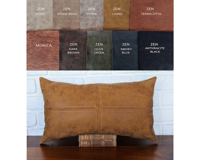 Stitched Vegan Leather Lumbar Pillow Cover: Zen Camel, Rustic Decor -XL Covers