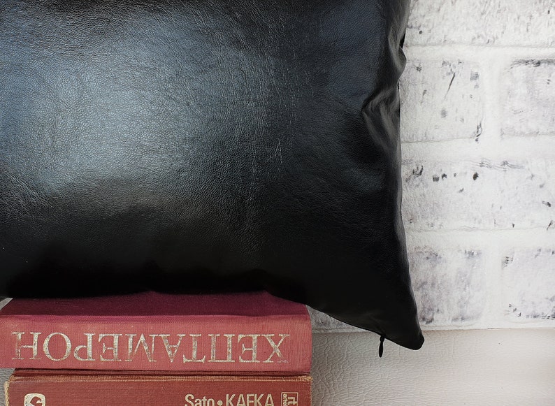 Black Charcoal Faux Leather and Black Polylinen Fabric Pillow Etsy