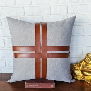Cognac Leather & Gray Linen Pillow Cover: Modern Home Decor
