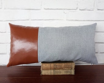 Fast shipping/Cognac faux leather-6colors optional &gray-light blue denim lumbar pillow cover/modern scandinavian  home decor-1pcs