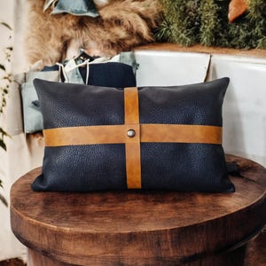 Zen black pillow cover with cross camel faux leather straps/faux leather pillow/Housewarming Gift-1qty