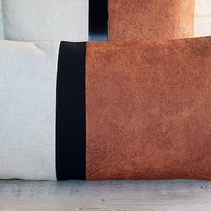 Terracotta, beige linen fabric and black fabric strip lumbar rectangular pillow cover/Color block pillow/modern scandinavian  homes-1qty