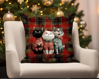 Funda de almohada navideña de 18 x 18 pulgadas: 3 gatos, Papá Noel y reno