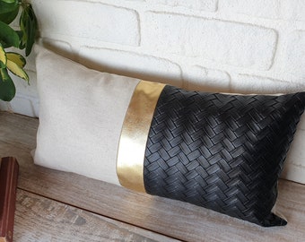 Color Block Lumbar Pillow Cover: Black Wicker Faux Leather, Beige Linen, Gold