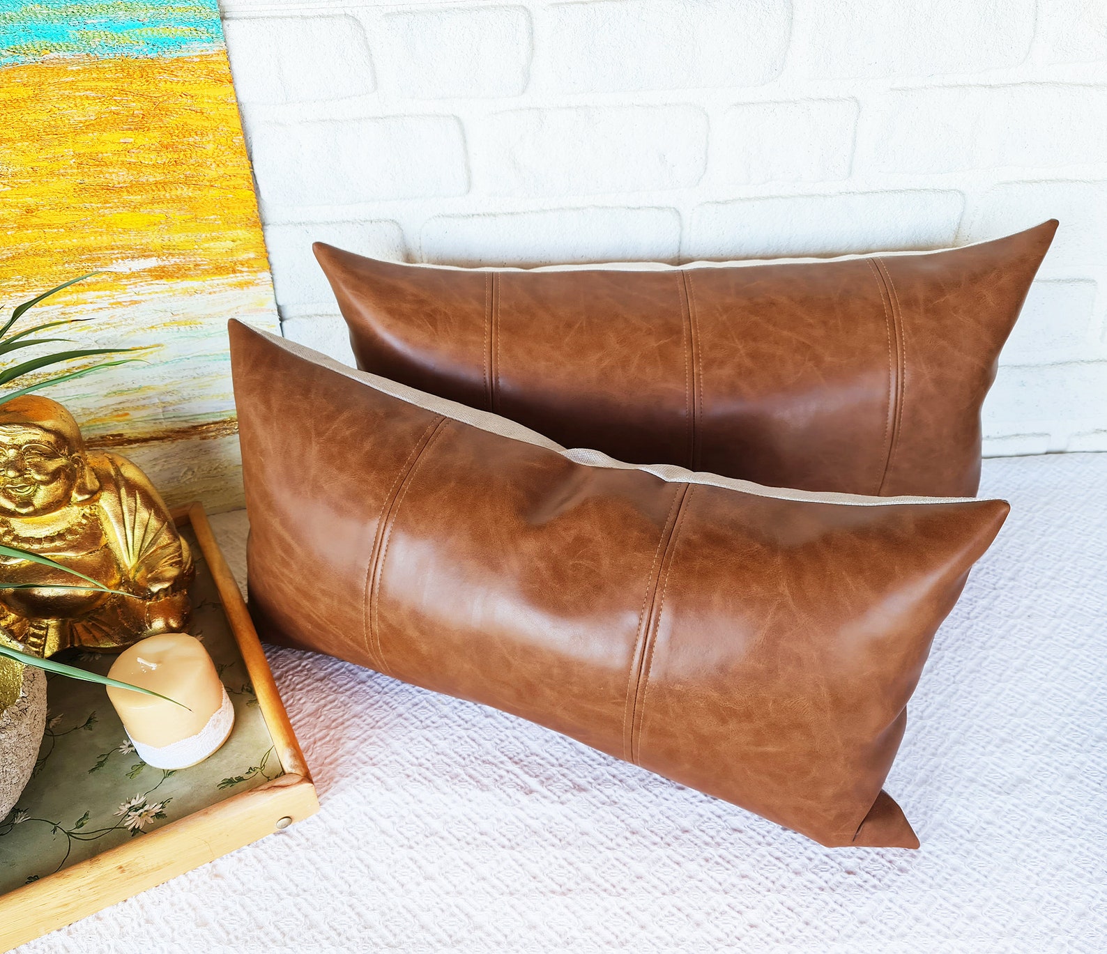 Old Look Cognac Faux Leather Pillow Cover 4 Piece Etsy