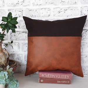 Vintage Terracotta Faux Leather Pillow Cover: Dark Brown Fabric Accent