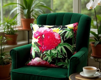 Red Botanical Pillow Cover - Vintage Floral Cushion, Cottagecore Farmhouse Decor (16''x16'')
