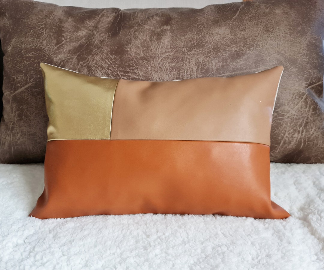 Color Block Faux Leather Lumbar Pillow Cover: Tan, Burnt Orange Gold 