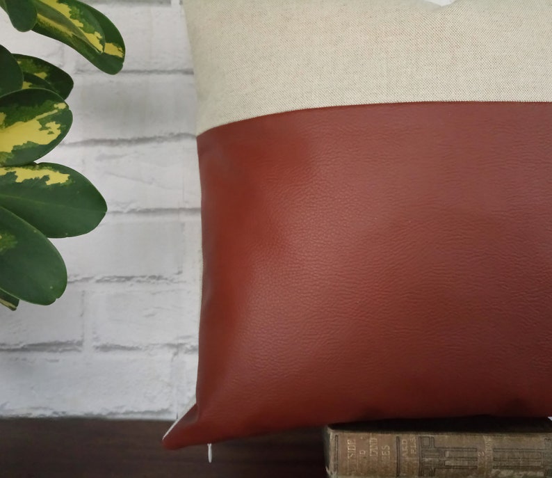 Cognac brown faux leather and beige cotton-linen pillow cover/faux leather pillow cover/Housewarming Gift/Colorful Homes-1pcs image 6