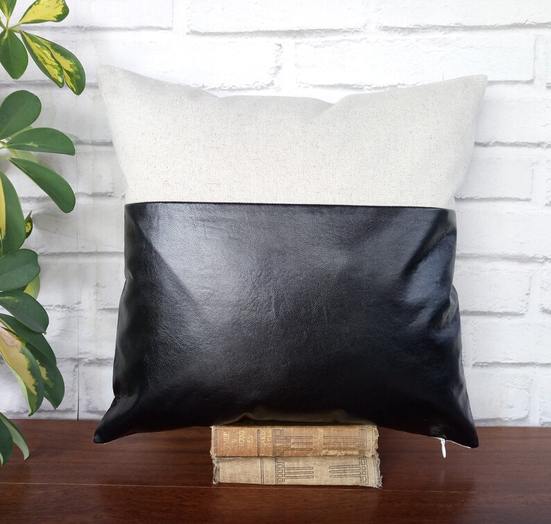 Black Faux Leather and Natural Linen Fabric Pillow Cover6 Etsy