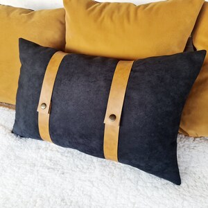 Black faux suede fabric pillow cover with camel color faux leather straps/modern scandinavian home decor/housewarming gift 1pcs image 1