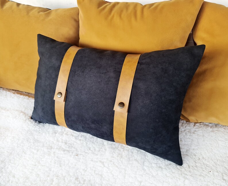 Black faux suede fabric pillow cover with camel color faux leather straps/modern scandinavian home decor/housewarming gift 1pcs image 1